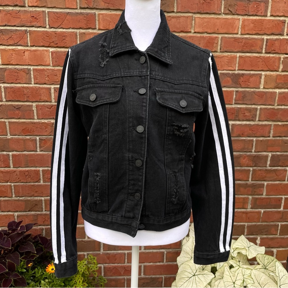 Distressed Black Denim Jean Jacket with White Racing Stripes Women’s M